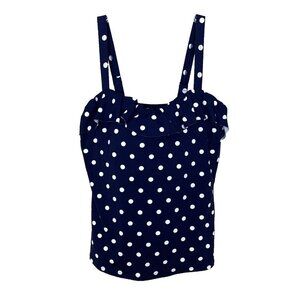Lands End Womens 8 DDD Tankini Top Navy Underwire Polka Dot Ruffle Tummy Control